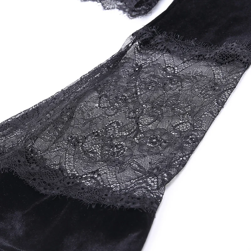 Fitshinling Lace Patchwork Gothic Velvet T-Shirts For Women V Neck Autumn Winter Crop Top Grunge Slim Sexy Black Female T-Shirt