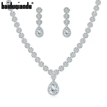 

baiduqiandu Brand Halo Teardrop and Flower Cubic Zirconia CZ Crystal Necklace and Earring Bridal Jewelry Set