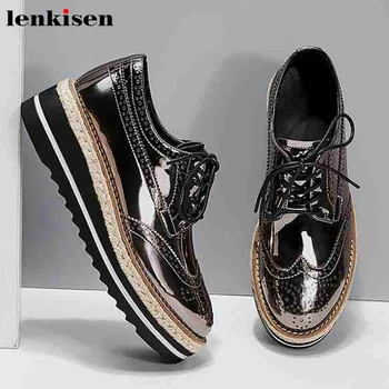 

Lenkisen classic brogue carved patent leather casual shoes round toemed heels thick bottom campus lace up women spring pumps L00