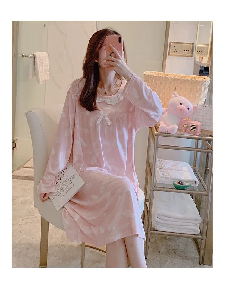 Spring Autumn Casual Plaid Cotton Nightgowns for Women Long Sleeve Loose Night Dress Home Dress Sleepwear Nightdress Nighty