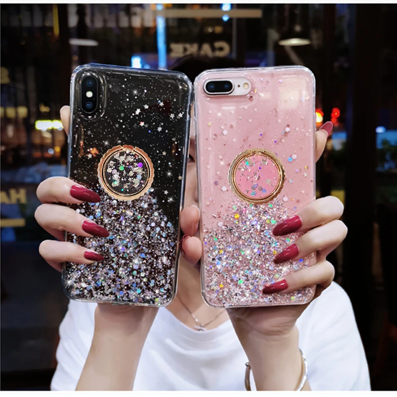 Phone Case For Xiaomi Redmi Note 9 pro 9s note 8T 10X 10 K20 K30 7 7A 8 8A Note 7 mi 9 pro cc9 Glitter Bling Ring bracket Cover xiaomi leather case cosmos blue