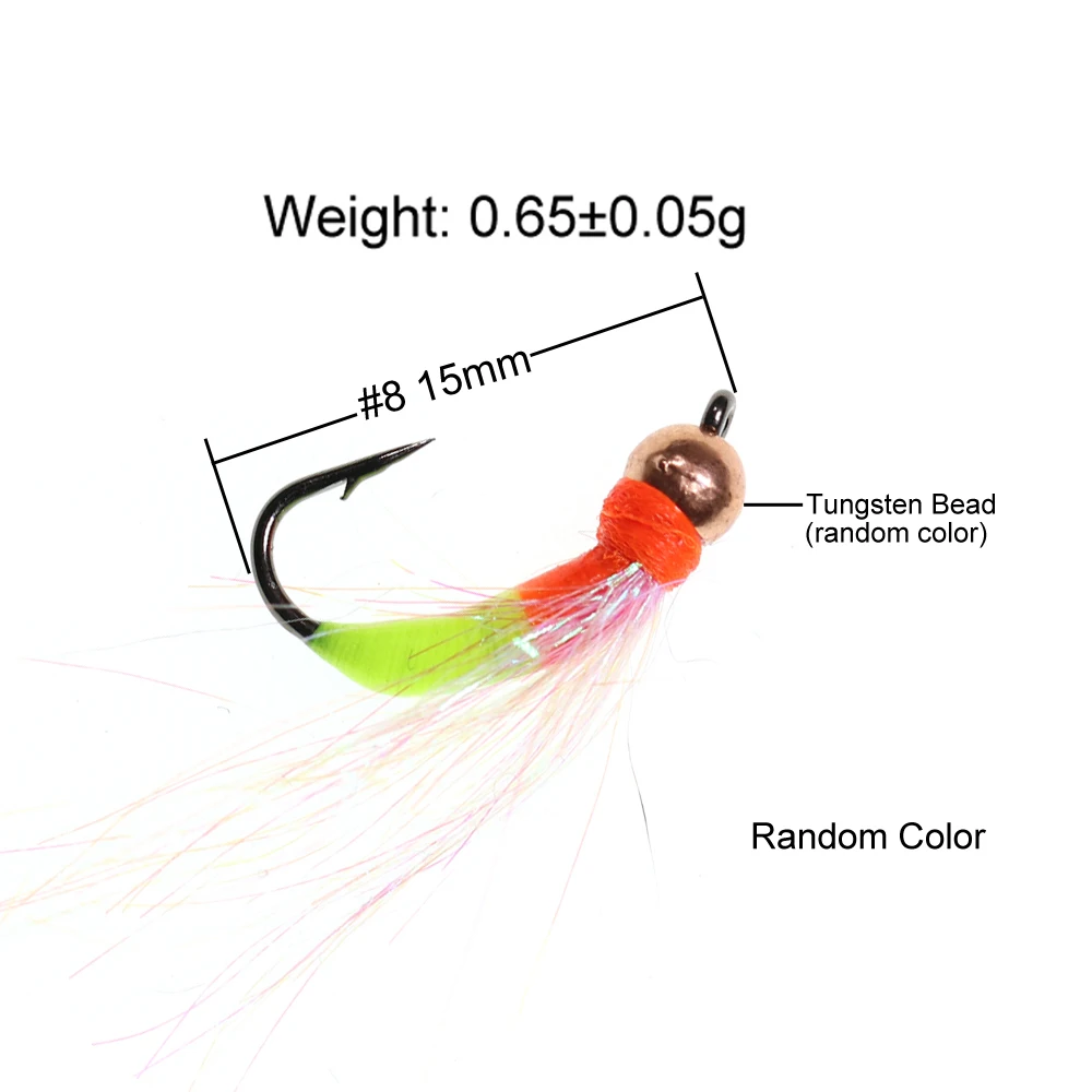 Bimoo 6PCS #8 Ice Fishing Pearl Nymph Bait Fluorescent Flashabou Tinsel  Flies Tungsten Bead Rainbow Brook Trout Greyling Lures