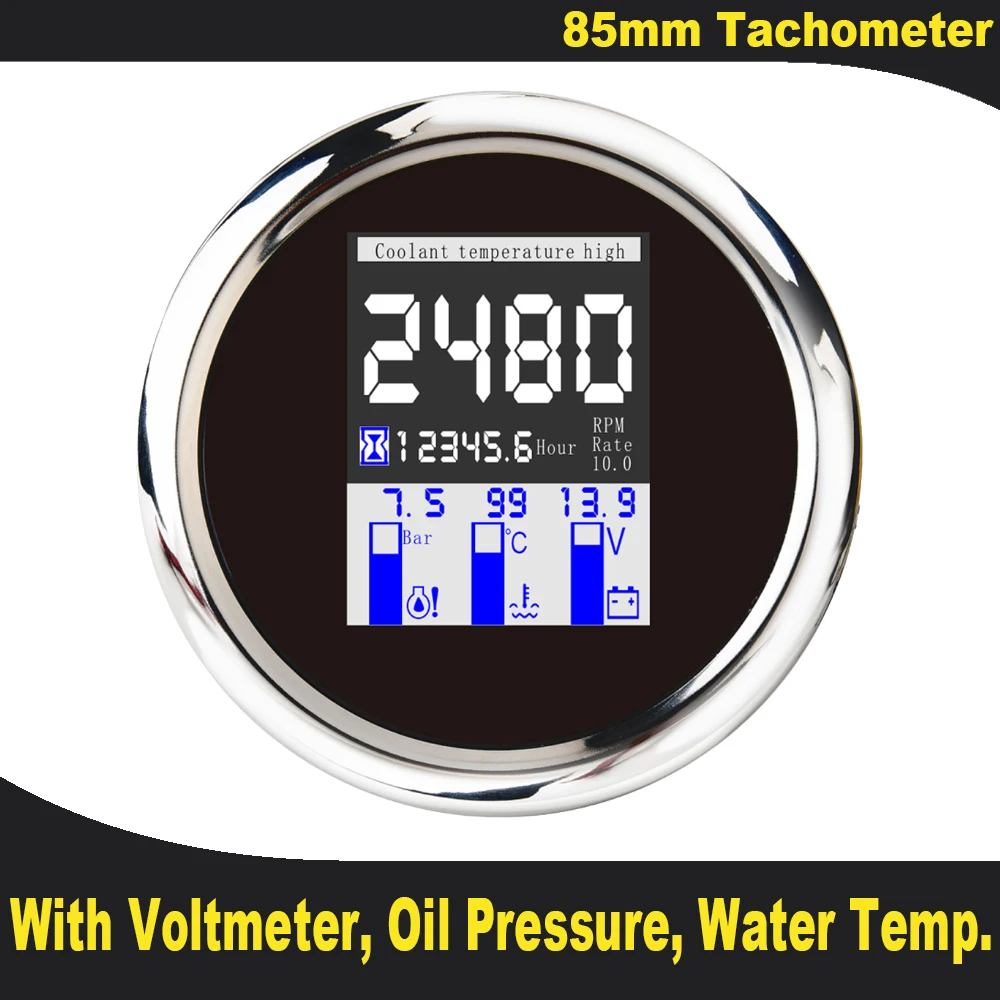 85mm 4 in 1 Multi-functional Gauge Tachometer Volt Meter Water Temp Oil Pressure 