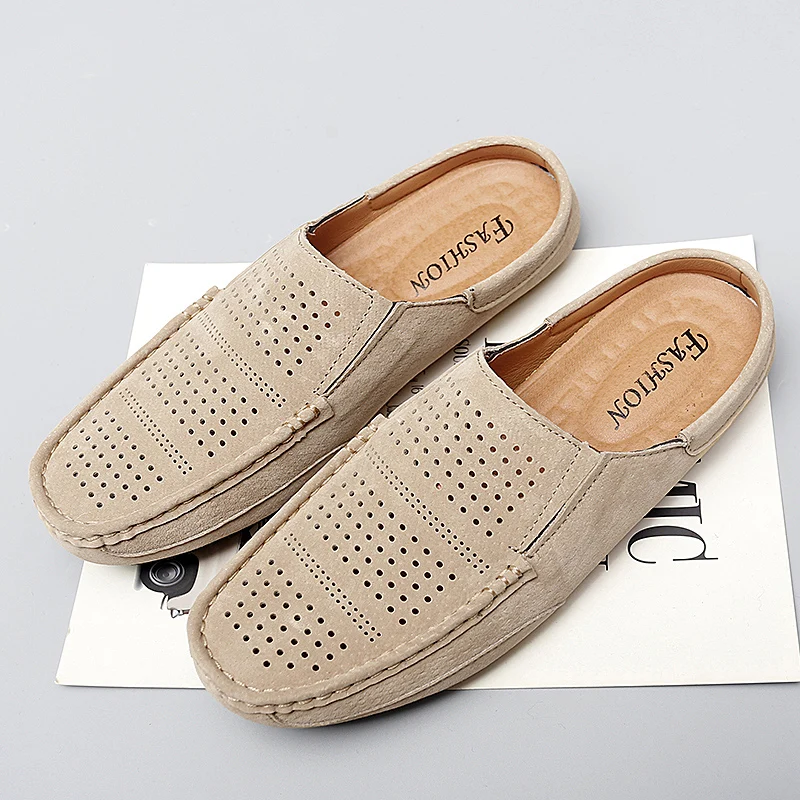 Man Summer Fashion Pig Skin Casual Half Shoe Male Breathable Soft Backless Half Loafers Hombre Open Back Leather Comfy Mocassins
