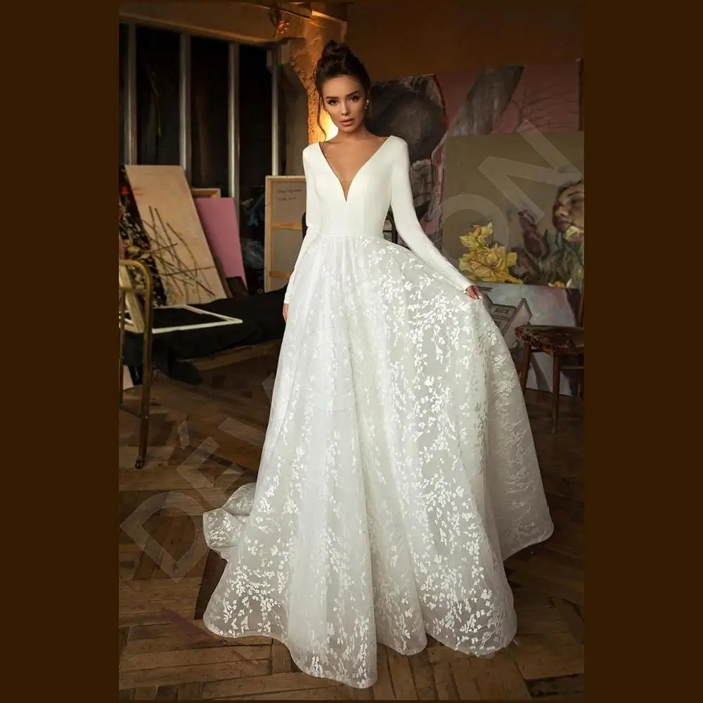 

Floral Long Sleeve Boho Wedding Dress 2019 Deep V Neck Backless A Line Bridal Dress Beach Wedding Gowns For Bride