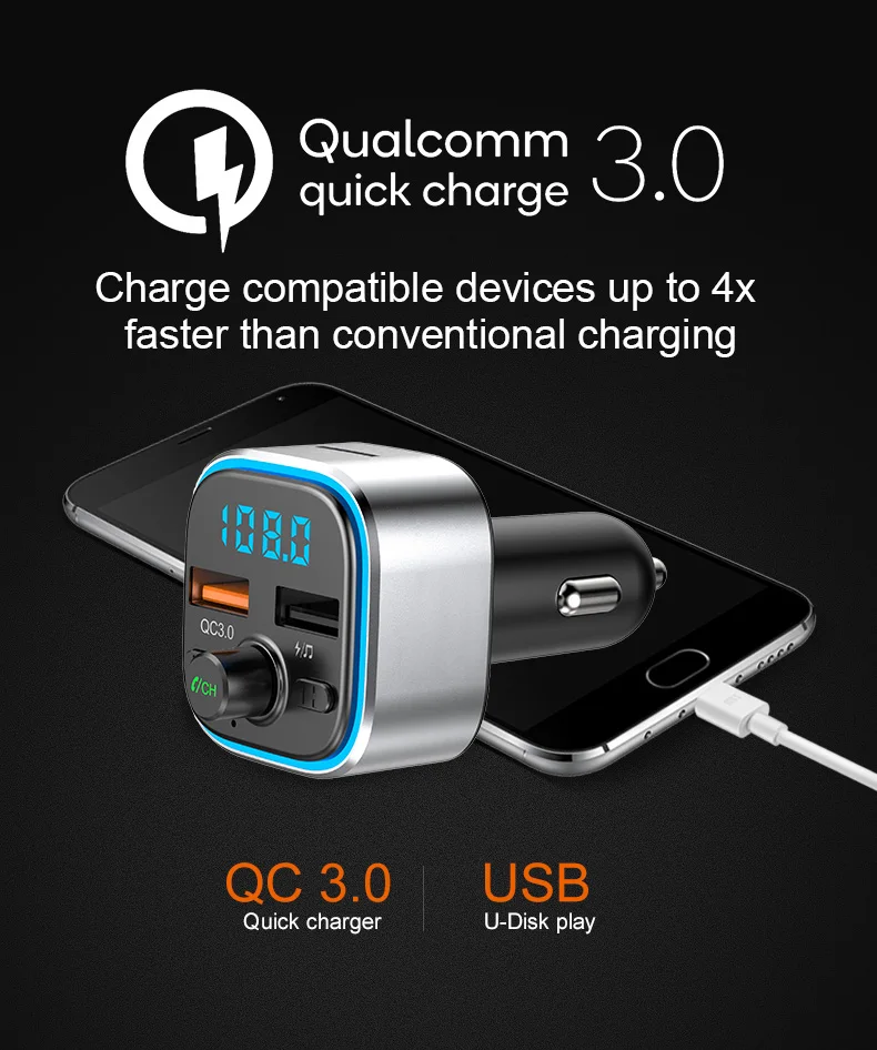 QC 3,0 Автомобильный Bluetooth Hands Free MP3-плеер/телефон на радио fm-передатчик T32