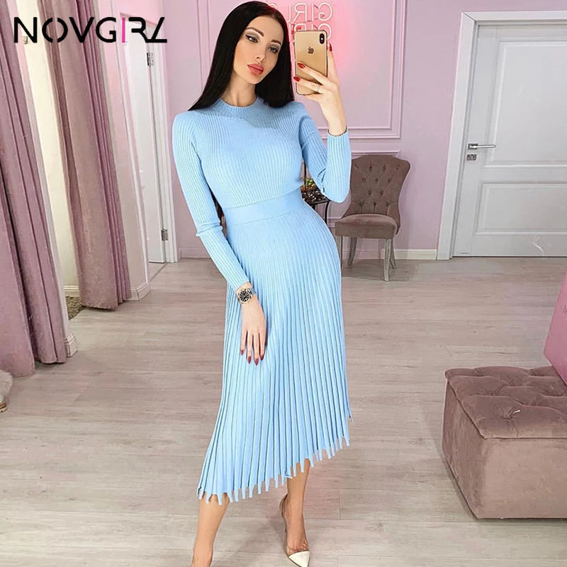 Novgirl трикотажное плиссированное платье миди для женщин осень зима длинный рукав с кисточками обтягивающее платье вечерние сексуальные платья джемпер