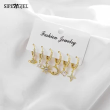 fashion Inlaid Zircon Star Moon 6 pcs Sets Hoop Earrings small Geometric square crystal Earrings Set For Women Jewelry 2021