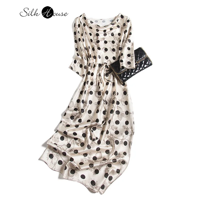 

Dot Prints Dress Women's Young-Style Retro Swing Collar Slim-Fit Heavyweight Silk Satin Medium-Length Dress 2020 Fashion Dress