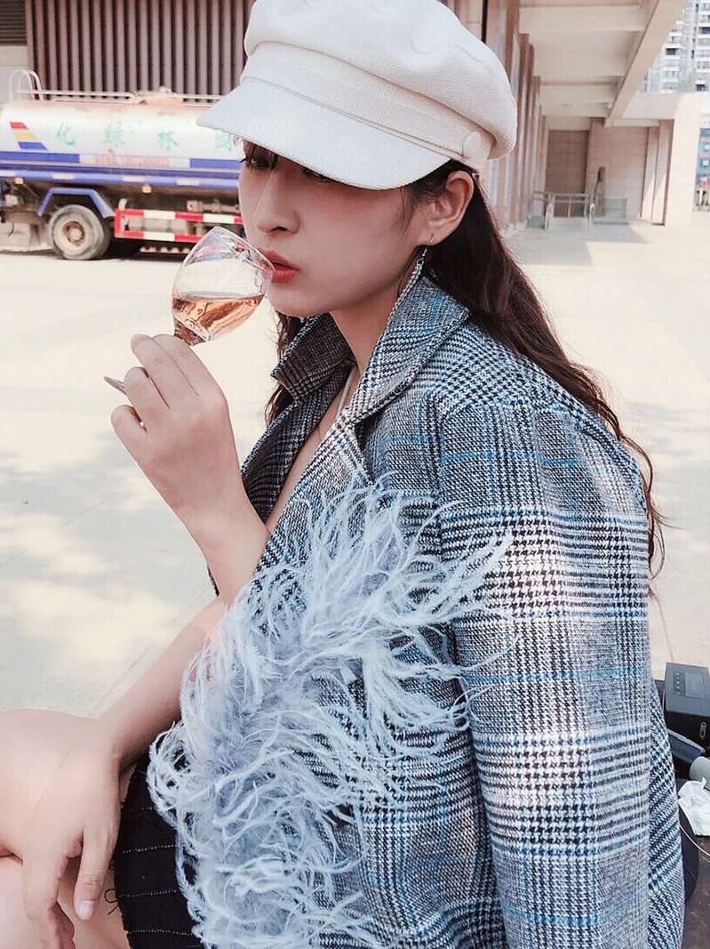 ##BUY Autumn and Winter 2019 New Ostrich Fur Edge Loose Plaid Thickened Wool Overcoat for Women Double Breasted Coat Plus Size Coat