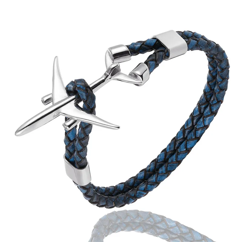 Silver Blue MKENDN Hot Sale Stainless Steel Airplane Anchor Bracelets Men Women Genuine Multilayer Leather Bracelet Freestyle Homme Jewelry - Окраска металла: Silver Blue