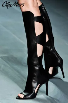 

Ollymurs New Sexy Black Cutout Open Toe Knee HIgh Boots Zip Back Thin HIgh Heel Autumn Sandal Boots Shoes Women