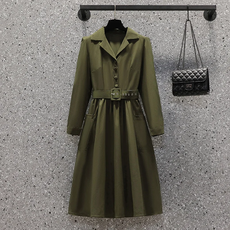 

EHQAXIN Elegant Womens Dresses Fall 2021 New Suit Collar Long Sleeve Button A-Shaped High Waist Dress With Belt Ladies L-4XL