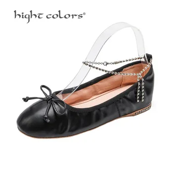 

Ladies Casual Flat Shoes Spring Bowtie Flats Women Round Toe Slip-on Ballet Flats Knitted Chain Rhinestone Ballerinas Flats
