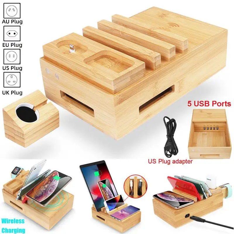 

Universal Multifunction Bamboo 5USB Charge Station For iPhone iPad For Apple watch For Airpods Wireless Charger Stand Desktop