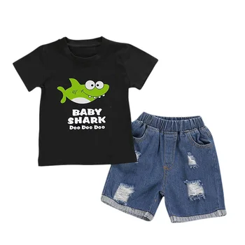 

New Summer Casual Baby Girl Fashion Cartoon Printing Short Sleeve T-shirt And Denim Short Pants Kit Kid Two-piece Outfit Set