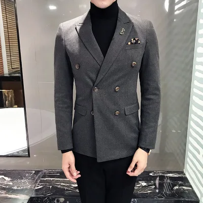 

2020 British Fashion Striped Slim Double Row Casual Suit Men's Youth Trend Personality Double-breasted Small Suit