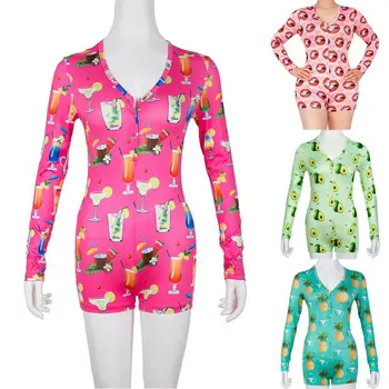 

Brand New Womens Sexy V-Neck Long Sleeve Bodycon Casual Peachy Spicy Print Button Sleepwear Jumpsuit Shorts Romper Leotard