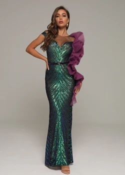 

High quality Sexy Women V-neck Wooden Ear Sequined Long Dress Wedding Evening Party Elegant Celebrity Body Con Dresses wholesale