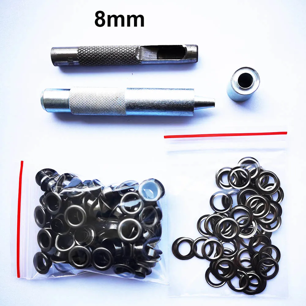 Eyelet Grommet Ring Kit 100Set Eyelets 4~14mm and 3Pcs Eyelet Punch Die Tool Set