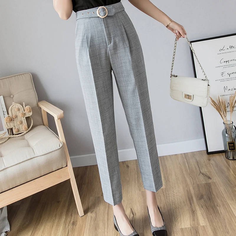 Autumn Winter Simple Casual Pants 2019 High Waist Pockets Belted Women Suit All-match Female Trousers Straight Leg | Женская одежда