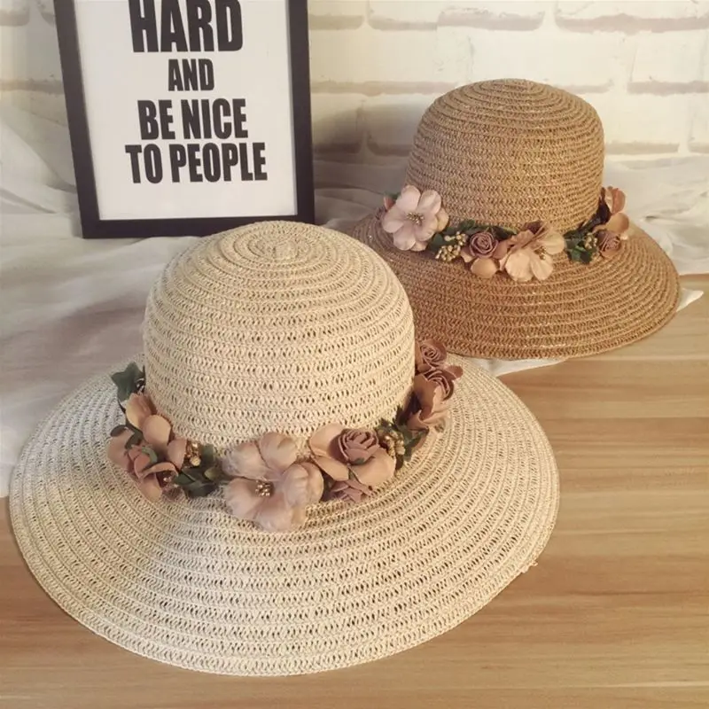 Women Summer Sun Visor Hat Artificial Flower Garland Wreath Lace Ribbon Wide Brim Bucket Cap Mulitifunction Sunproof Beachwear