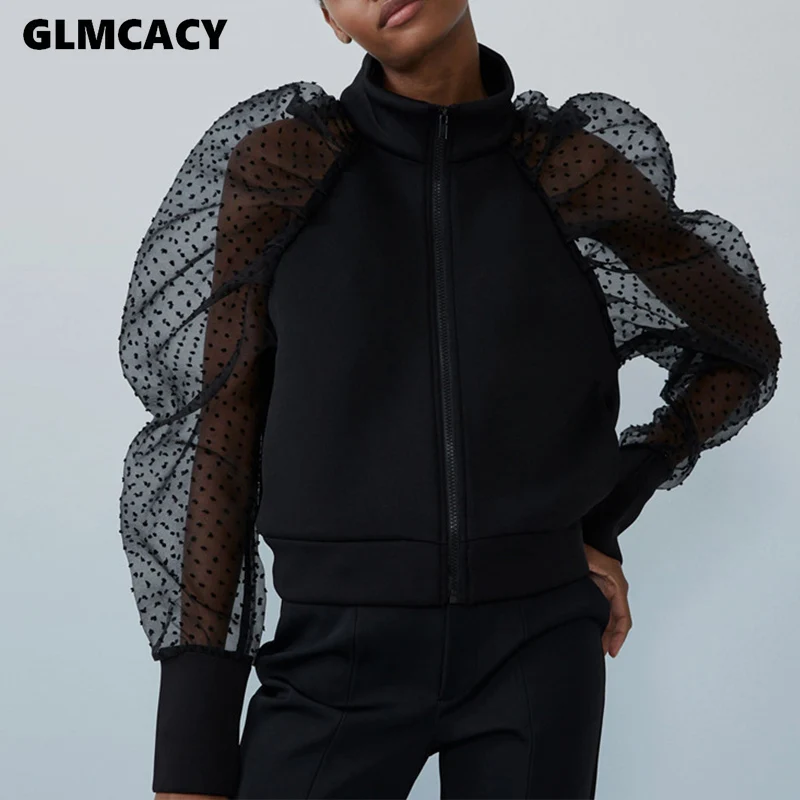 

Women Puff Sleeve Zip Up Tops Mesh See Through Long Sleeve Blouse Shirts Chic Streetwear Elegant Workwear
