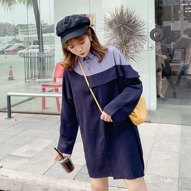 

LANMREM 2020 Contrast Color Stitching Korean Version Of Large Size Women's Suit Collar Long Sleeve Spring Loose Dress 19B-a467