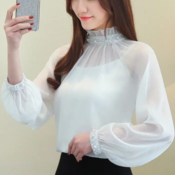 

SONDR 2020 New Women's Chiffon Shirt Spring Mandarin Collar Long Puff Sleeve Comfortable Blouse Korean Style Oversize Tops aztec