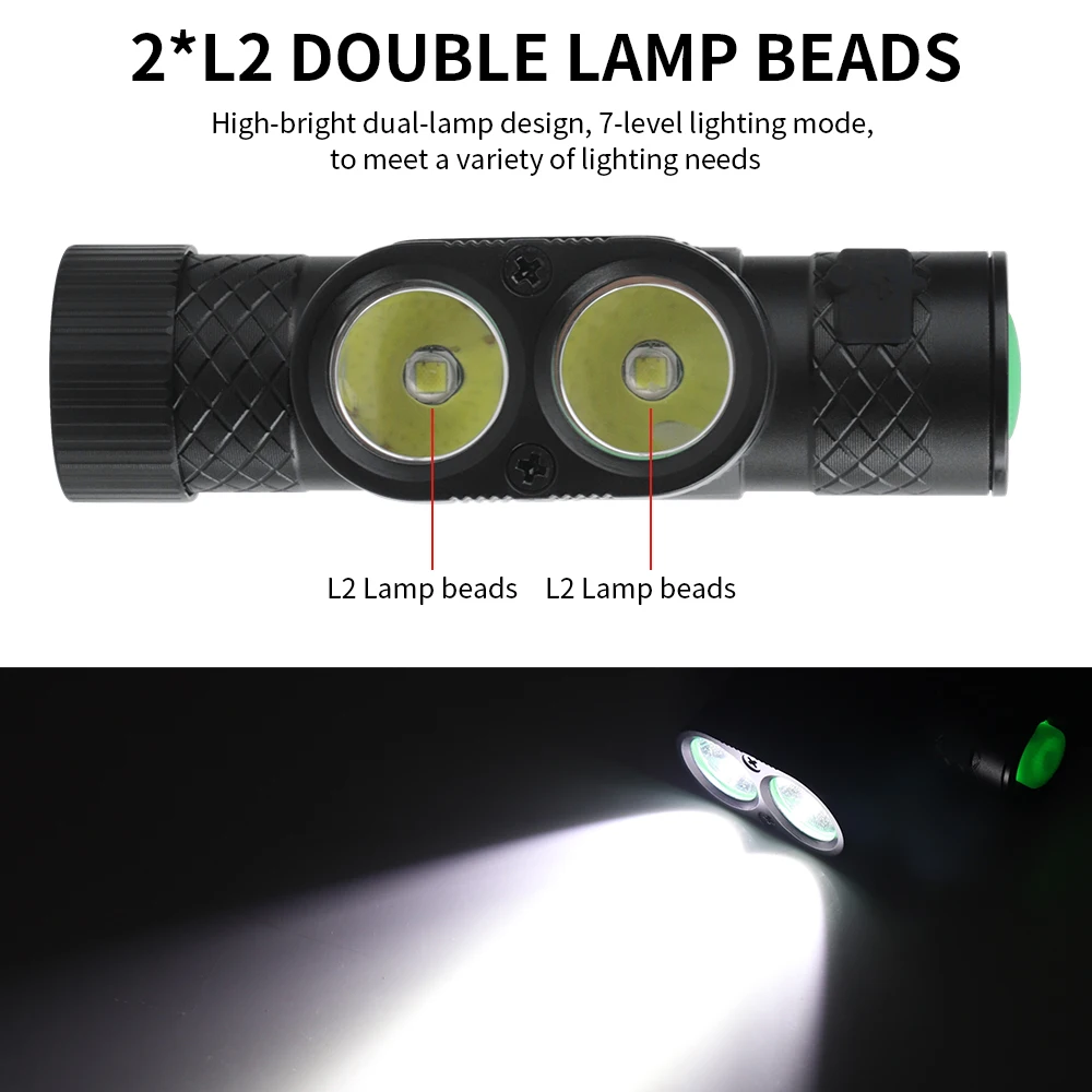 US $17.79 BORUiT Dual XML2 LED Mini Headlamp 7Mode 3000LM Headlight TypeC Rechargeable 18650 Waterproof Head Torch For Camping Hunting
