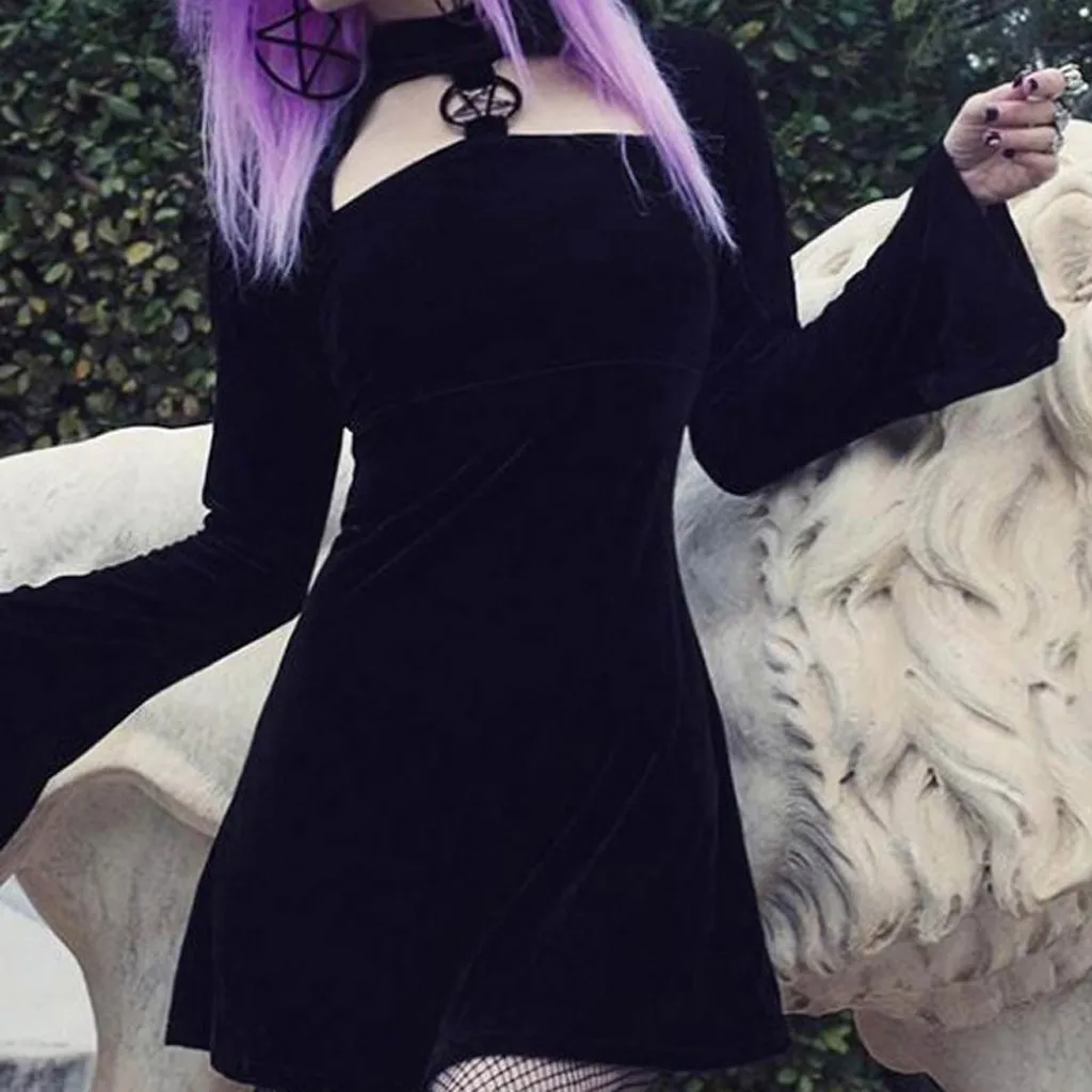 

Feitong Fashion Women Dress Vestidos Fashion Gothic Stand Collar Hollow Out Long Sleeve Knee-Length Dress Vestidos De Verano