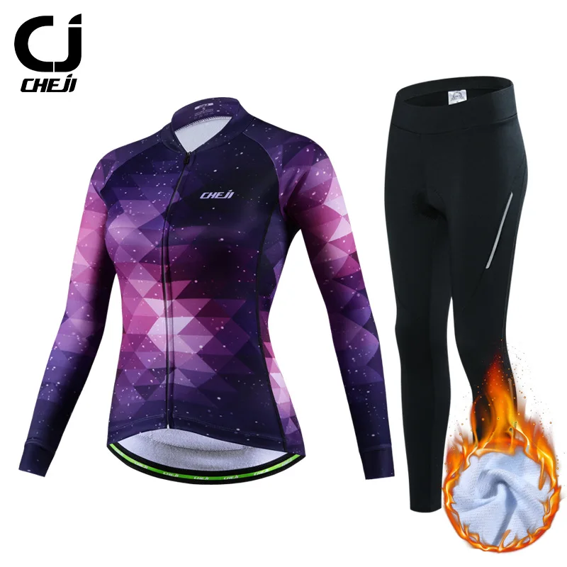 CHEJI Winter Breathable Bicycle Jersey Set Thermal Fleece Long Sleeve Riding Cycling Clothing Windproof Road Bike MTB Clothes