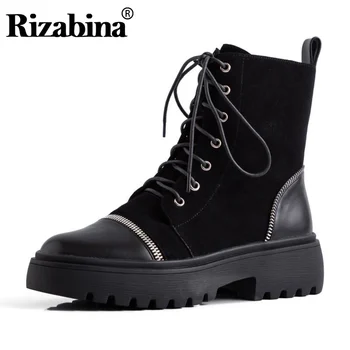 

RIZABINA Trend Woman Ankle Boots Zipper Round Toe Genuine Leather Boots Cross Strap Winter Warm Women Footwear Size 34-39