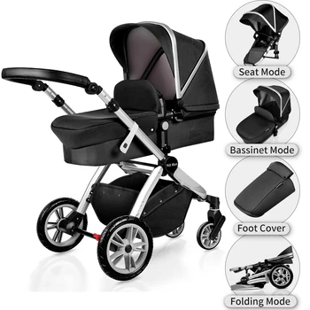 

Infant Bassinet Hot Mom 2 in 1 Toddler Stroller Seat and Bassinet Combo,foot muff, New PU Rubber Wheel,Anti-UV Canopy pram