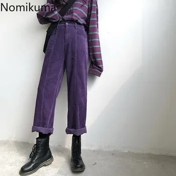 Nomikuma-Pantalones morados de pana Vintage para Mujer, pantalón de cintura alta de Color sólido, informales, rectos, 3c691