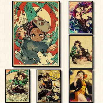 

Vintage Poster Anime Demon Slayer Kimetsu no Yaiba Retro Poster kraft paper Printed For Kids Posters For Home Bar Room Decor