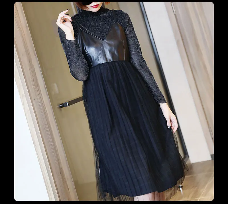 Novmoop high street autumn winter women black mesh gauze spliced sheepskin genuine leather dress vestidos robe femme LT2889