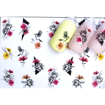

3D Acrylic Engraved Nail Sticker black bird colorful flower shape Water Decals Empaistic Nail Water Slide Decals Z0233