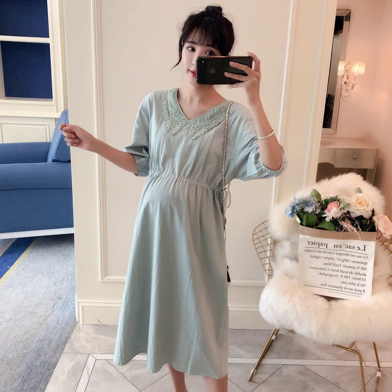 

2019 Summer New Style Fashion Maternity Clothes Korean-style Large Size Loose-Fit Waist Hugging Lace Peter Pan Collar Maternity