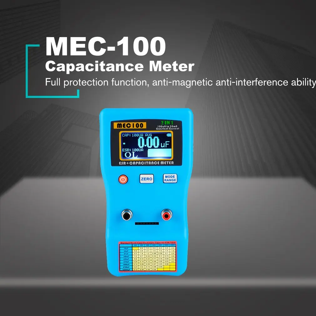 

MEC-100 Digital Display Capacitor Meter High Precision Autoranging Electrolytic Capacitance Resistance Meter ESR Tester