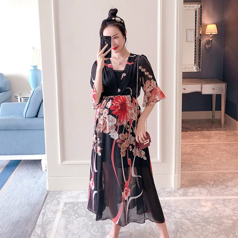 

2019 Summer New Style Romantic Maternity Dress Heat Transfer Floral Patterns Chiffon Dress Mid-length Summer Chiffon Skirt Summe