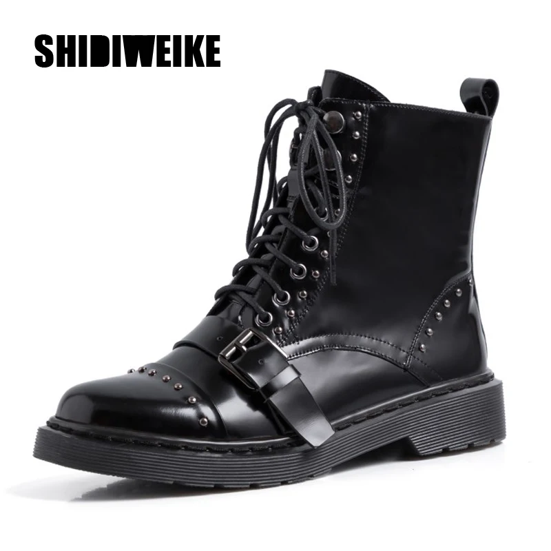 

2019 Autumn Winter Genuine Leather Woman Boots Comfortable High Quality Ankle Boots Retro Rivet Buckles Motorcycle Boots J875