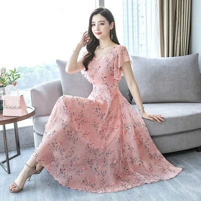

2019 New Summer Elegant Sweet Female Maxi Dresses Short Sleeve Printed Bohemian Style Big Swig Casual Yellow Blue Pink Dress