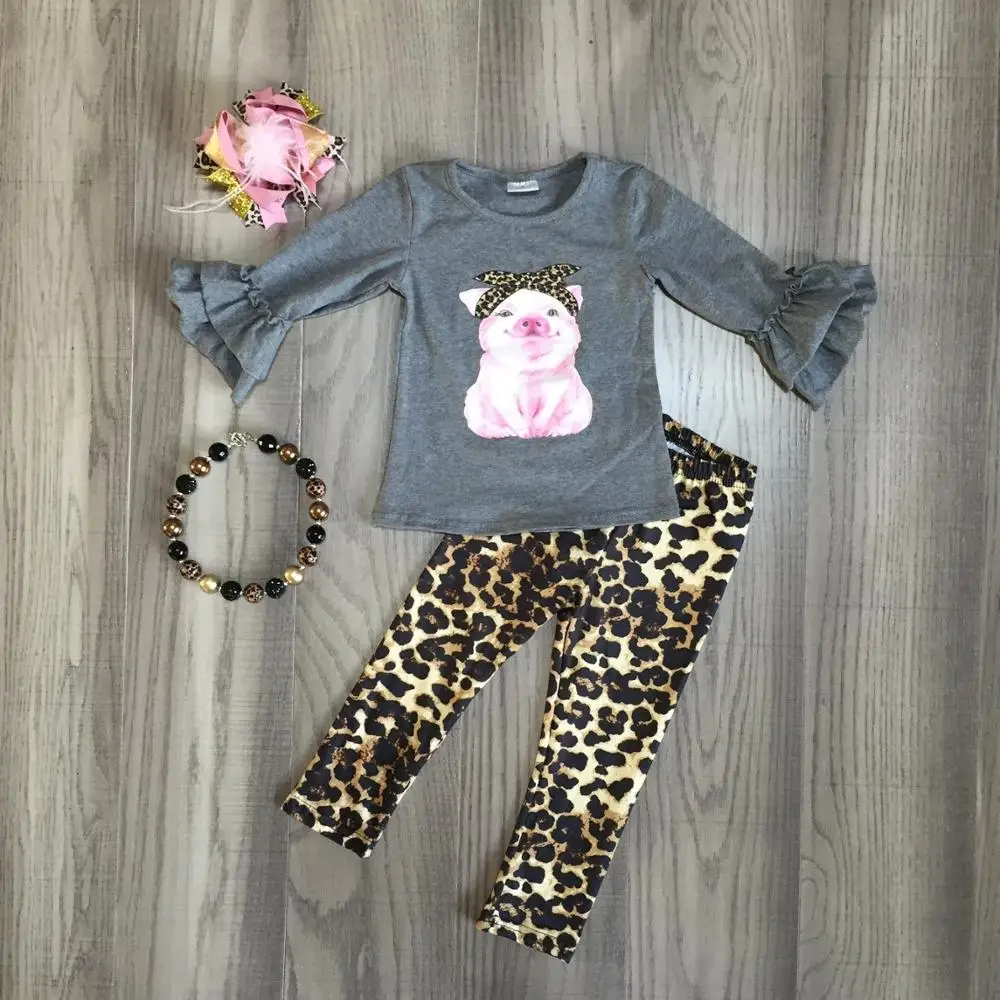 

new arrivals Fall/Winter baby girls gray pink pig leopard outfits milk silk pants set clothes ruffle boutique match accessories