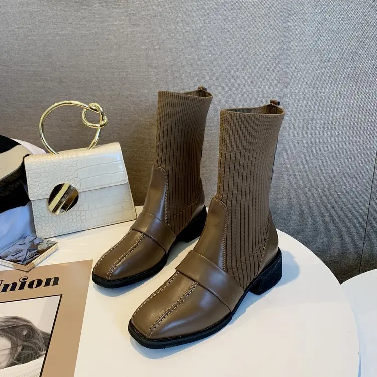 

Med Heel Boots Shoes Booties Ladies Boots-women Lace Up Luxury Designer 2019 Mid Calf Rubber Fashion Rome Lace-Up Solid Cotton