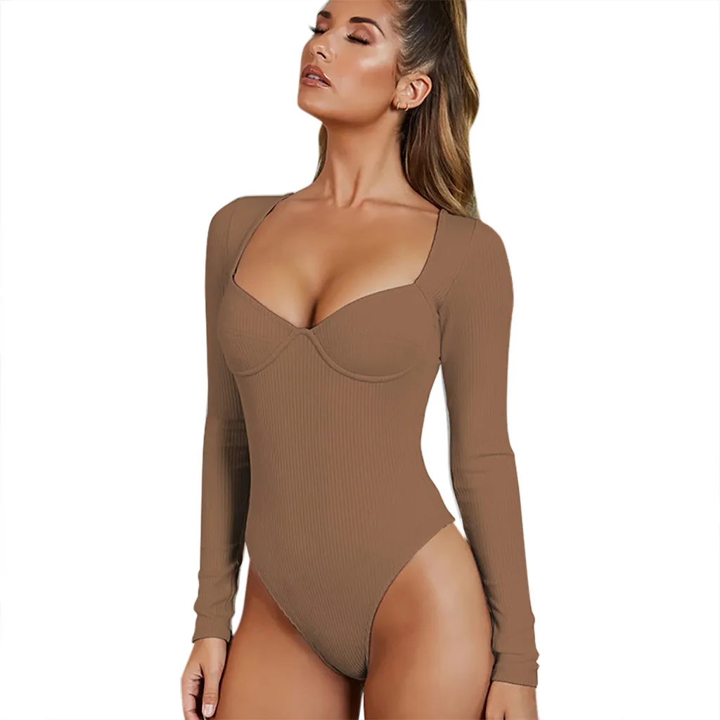 3 Fashion Womens Solid Low Chest Long Sleeve V-neck Sexy Tight Jumpsuit Romper - Цвет: 3