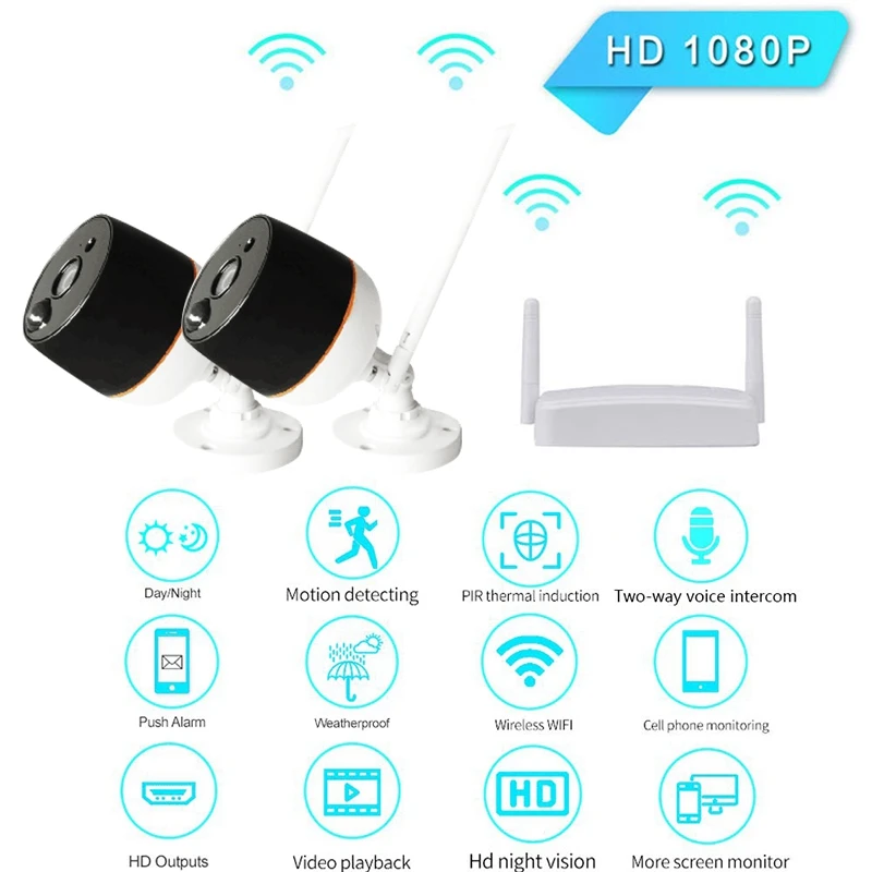  Wireless Outdoor Cam H.265 Mini 2Ch Nvr Kit Ip Camera 1080P Waterproof Home Security System Video I