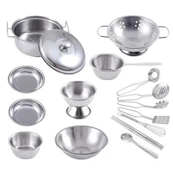 

16Pcs Stainless Steel Mini Kitchen Cookware Anti-falling Pot Pan Roleplay Toy Durable for Kid Gift Durable Pretend Utensils