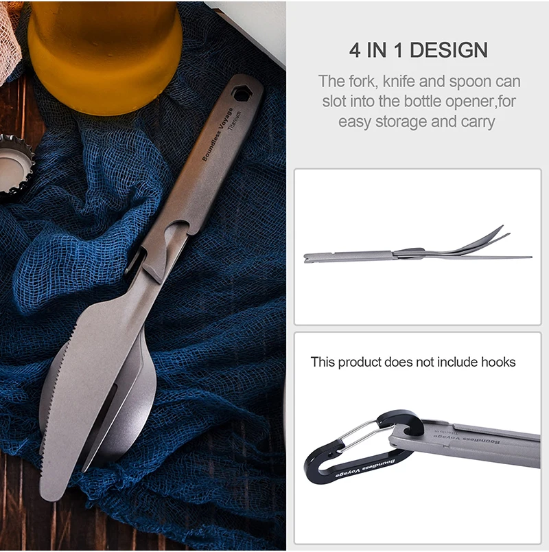 Boundless Voyage Utility-Besteckset, 4-teilig, mit Tragetasche, Titan, Löffel, Gabel, Messer und Flaschenöffner für Reisen, Camping – Detail 6
