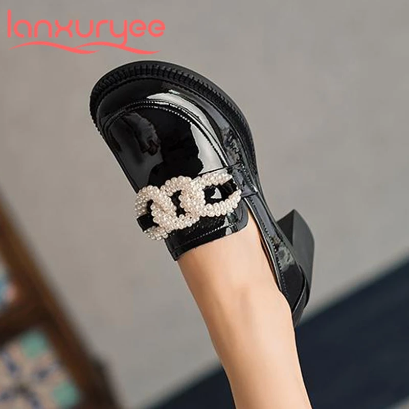 

Lanxuryee gladiator shoes full grain leather round toe thick high heels string bead chains fretwork French romantic pumps l31